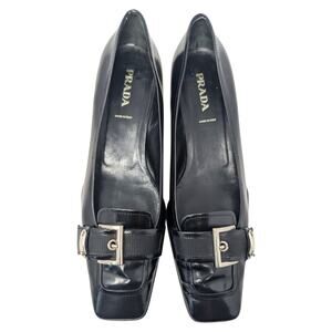 Authentic Prada Black Patent Leather Kitten Heel Loafers EU 40